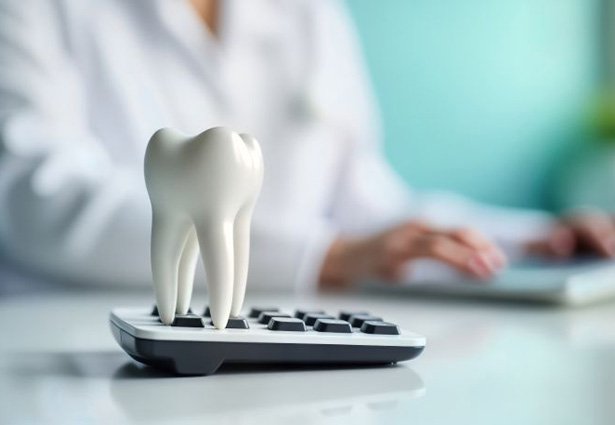Tooth model sitting on top of a calculator