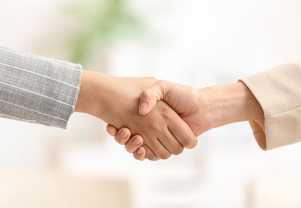 Close-up of handshake between two women against blurred background