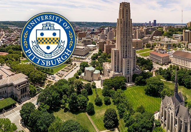 Dental school building and University of Pittsburgh seal