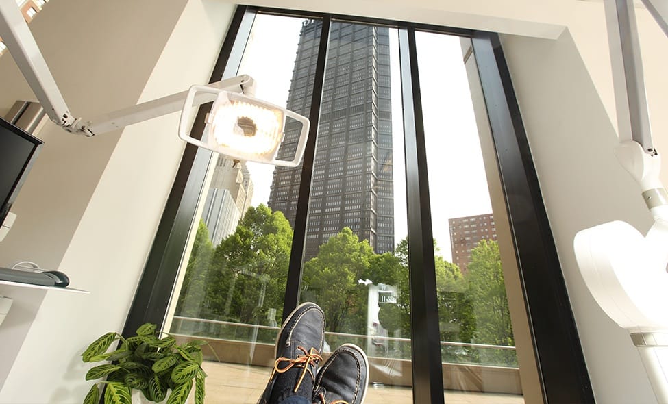 View of Pittsburgh skyline from the dental treatment chair