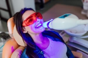 Patient having teeth whitened. 